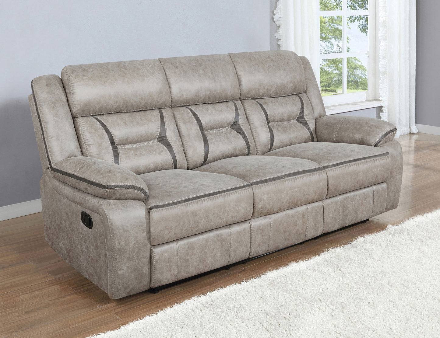 Greer Upholstered Motion Reclining Sofa Taupe