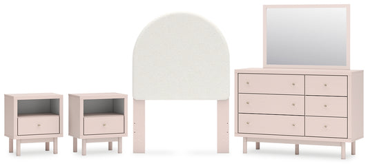 Wistenpine Twin Upholstered Panel Headboard with Mirrored Dresser and 2 Nightstands